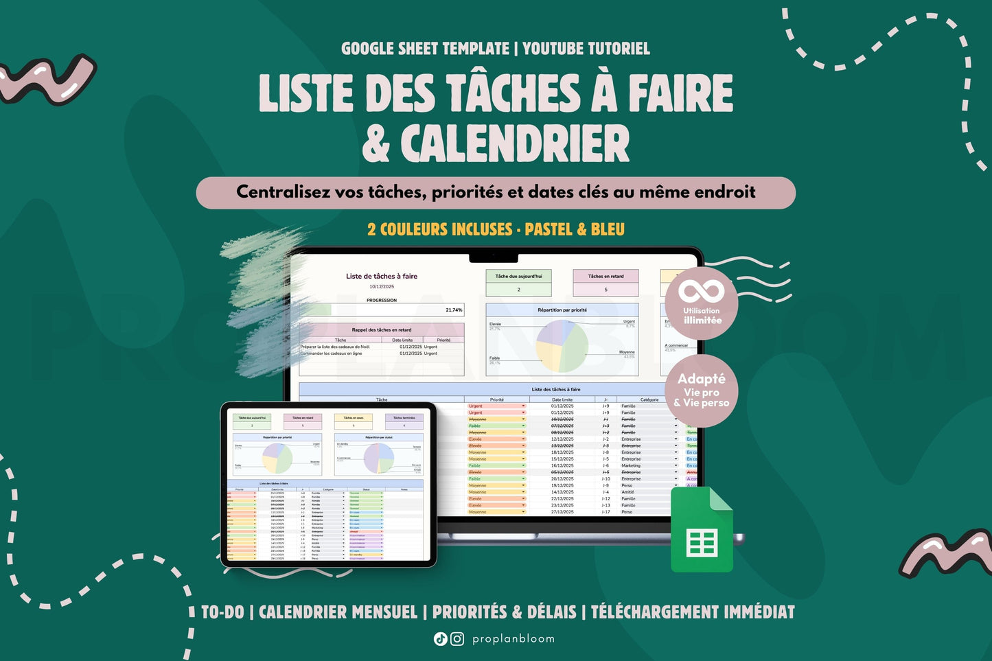 TO DO List & Calendrier mensuel | Google Sheets